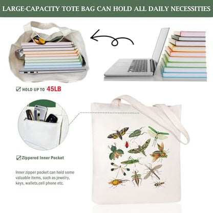 Canvas Aesthetic Tote Bag for Women with Inner Pocket Totes Shoulder Book Bag Shopping Reusable Grocery Bags - color: Bugs Pattern