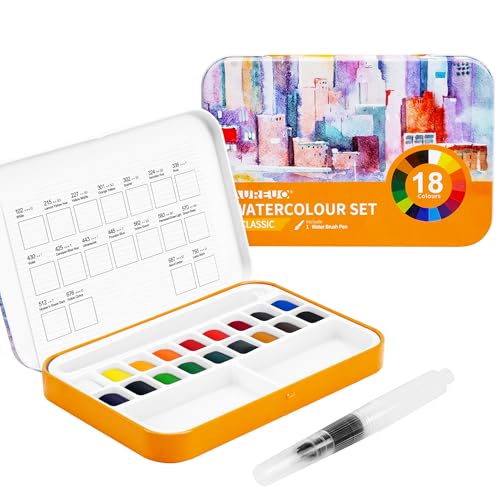 AUREUO Small Travel Watercolor Set - 18 Colors Portable Mini Water Color Kit with Tin Box for Beginners - color: Classic