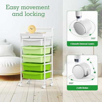 5 Drawers Plastic Rolling Storage Cart with Wheels, Teacher Supply - color: Green