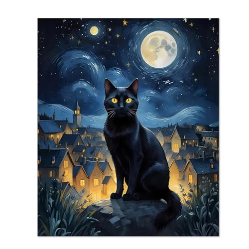 XUNLURY Starry Night Moody Black Cat Diamond Art Kits, Cat Lover Gifts, Mystical Celestial Kitten Diamond Painting Kits for Adults Beginners, Full Drill Diamonds Dots for Home Decor, 9.8x11.8 Inch - color: color_9, size: 10 x 11.8 inches