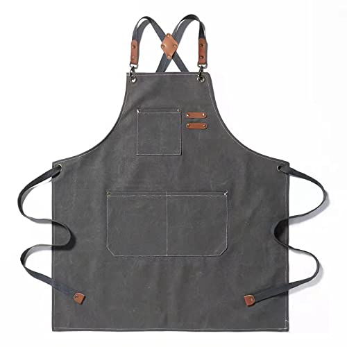 Tosewever Canvas Cross Back Chef Cotton Aprons for Men Women with Large Pockets - color: Grey