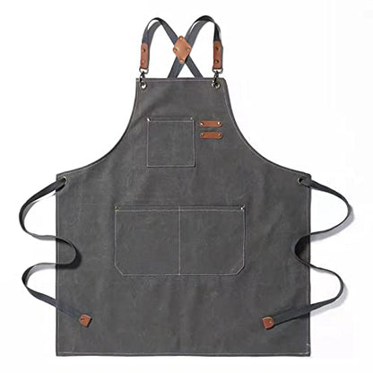 Tosewever Canvas Cross Back Chef Cotton Aprons for Men Women with Large Pockets - color: Grey