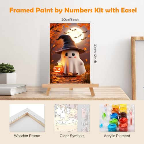 MOGTAA Halloween Paint by Numbers Kit for Adults Beginners with Frame, Ghost Adult Paint by Number Kits on Canvas with Easel, Easy DIY Pumpkin Lantern Oil Painting Kits for Home Decor, 8x12in - color: Ghost-02