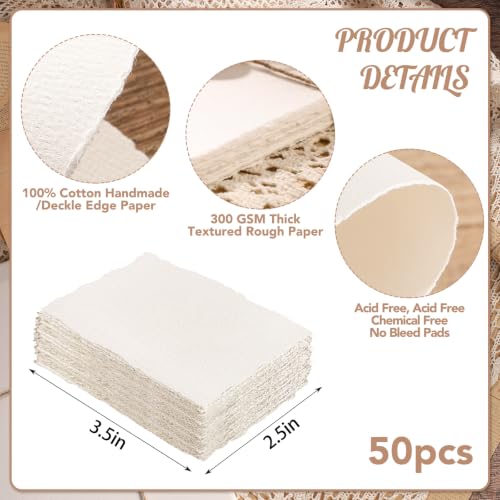 50 Pcs Watercolor Paper 2.5 x 3.5in, 300 GSM Handmade Deckled Edge Paper - size: 2.5×3.5 inch