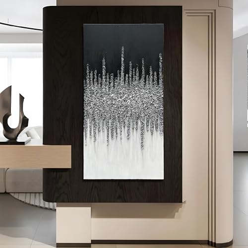 Art Hand-Painted Black and White Abstract Oil Paintings, 48x24-inch Vertical Canvas Paintings, Home and Office Wall Decoration Art - color: Yi112