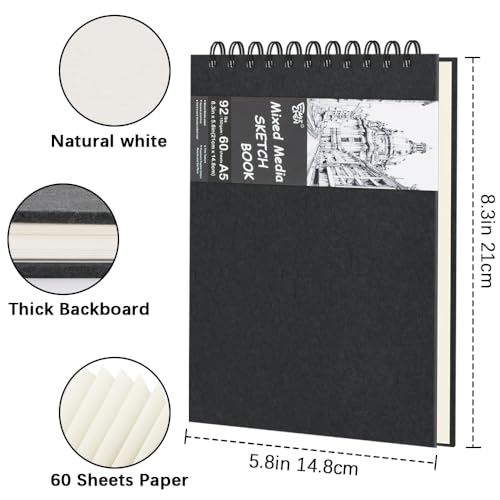 8.3" x 5.8" Hardcover Sketchbook, Top Spiral Bound Art Journal Sketchbook, 60 Sheets 92LB/150 GSM Acid-Free Drawing Neutral White Mixed Media Paper for Adults Beginners Artists.Black - color: 150gsm-neutral white paper black