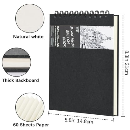 8.3" x 5.8" Hardcover Sketchbook, Top Spiral Bound Art Journal Sketchbook, 60 Sheets 92LB/150 GSM Acid-Free Drawing Neutral White Mixed Media Paper for Adults Beginners Artists.Black - color: 150gsm-neutral white paper black