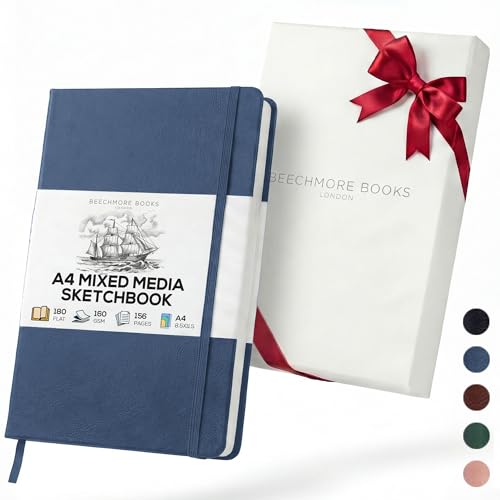 Beechmore Books A4 8.5x11 Mixed Media Sketchbook 160 GSM/98LB with Gift Box | Hardcover Art Journal with Lay-Flat Binding, 156 Perforated Ivory Pages for Drawing, Ink & Light Watercolor - color: Symphony Blue, size: A4 - 8.5" x 11.5" Large
