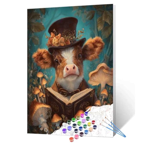Cow Reading a Book DIY Paint by Numbers for Adults and Kids Animals and Mushrooms Paint by Number Kit on Canvas for Beginners Easy Acrylic Paint DIY Home Wall Decoration Gifts 16"x20" (Frameless) - color: Hat Animal-15, size: 16''x20''(Frameless)