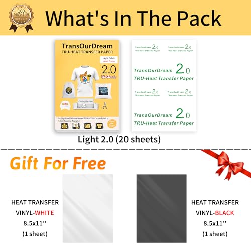 TransOurDream Tru-Iron on Heat Transfer Paper for Light Fabric (20+2 Sheets, 8.5x11") Printable Iron on Transfers Paper for Inkjet Printer & Heat Transfer Vinyl for T Shirts (L2-BW-22) - color: Light-BW, size: 20 Sheets