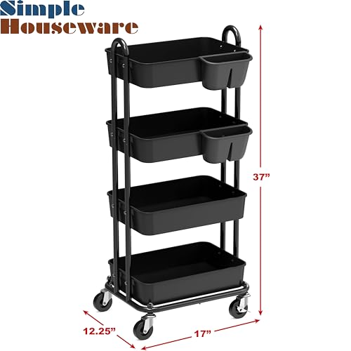 Simple Houseware 4-Tier Rolling Utility Cart with Hanging Bucket, Black - color: Black, size: 4-Tier