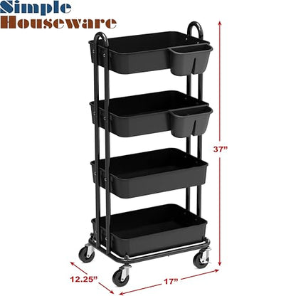 Simple Houseware 4-Tier Rolling Utility Cart with Hanging Bucket, Black - color: Black, size: 4-Tier