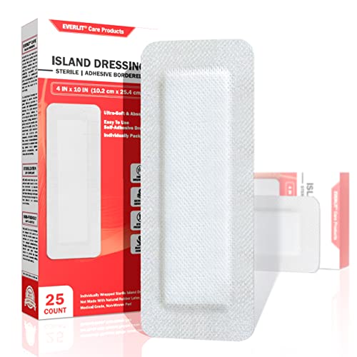 EVERLIT Island Dressing Bordered Gauze | Large Wound Care Bandage with Adhesive Border| Sterile, Soft & Highly Absorbent Medical Grade Dressing Pad (4x10 Inch (Pack of 25)) - size: 4x10 Inch (Pack of 25)
