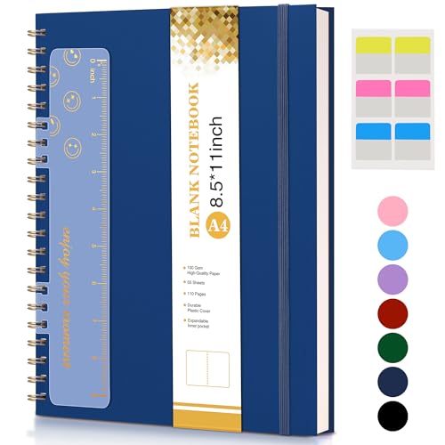 Blank Spiral Notebook Journal 8.5” x 11”, A4 Large Sketch Book for Women Men, 100 GSM Blank Paper Drawing Notebook, Plastic Hardcover Spiral Bound Sketchbook for Sketching Work School Writing, Navy - color: Navy, size: Plain