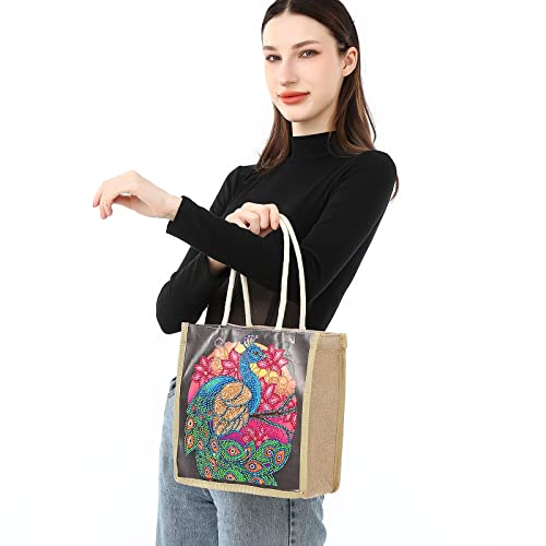 DOOSAI Diamond Painting Canvas Tote Bags 4 Pack Boho Diamond Dots Art Kits Shoulder Bags 5D DIY Handbags Handmade Gifts Reusable Shopping Bags with Handles for Women Adults(Peacock Butterflys Flower) - color: 4 Pack Peacock Butterflys Flowers