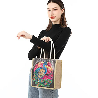 DOOSAI Diamond Painting Canvas Tote Bags 4 Pack Boho Diamond Dots Art Kits Shoulder Bags 5D DIY Handbags Handmade Gifts Reusable Shopping Bags with Handles for Women Adults(Peacock Butterflys Flower) - color: 4 Pack Peacock Butterflys Flowers