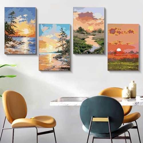 4 Pack Framed Paint by Numbers Kit for Adults with Wooden Easel 8x12 Inch | Sunrise and Sunset Landscape, For Adults Beginner, DIY Acrylic Painting, Stress Relief Craft Kits, Home Wall Decor Gift - color: FOP4P-02