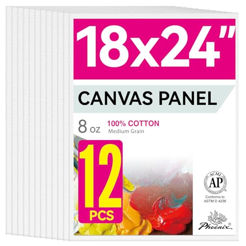 PHOENIX Large Painting Canvas Panels - 18x24 Inch, 12 Bulk Pack - 8 Oz Triple Primed 100% Cotton Acid Free Canvases for Painting, White Blank Flat Canvas Boards for Acrylic, Oil Paints - color: White - Bulk Pack, size: 18"x24"