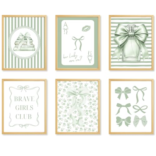 Dazoratix Sage Green Poster Decor - 6 Pcs Coquettee Bow Wall Art Prints | Aesthetic Inspirational Pictures, For Teen Girls, Living Room Bedroom Bathroom Dorm Home Office, Unframed - color: Sage Green