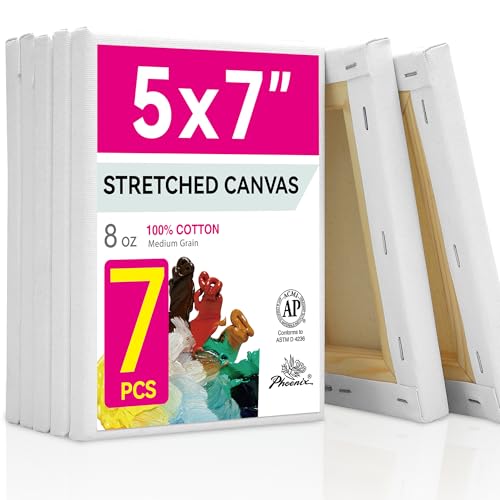 PHOENIX Stretched Canvas for Painting 5x7 Inch/7 Value Pack, 8 Oz Triple Primed 5/8 Inch Profile 100% Cotton White Blank Canvas,Small Framed Canvas for Oil Acrylic & Pouring Art - size: 5"x7", style: Studio Set (8 Oz.)