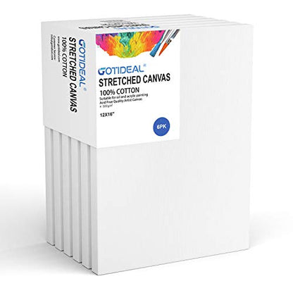 Stretched Canvas, 12x16 Inch Set of 6, Primed White - 100% Cotton Artist Canvas Boards for Painting, Acrylic Pouring, Oil Paint Dry & Wet Art Media | 100% Cotton Artist Canvas Boards for Painting, Acrylic Pouring, Oil Paint Dry & Wet Art Media - color: Wh