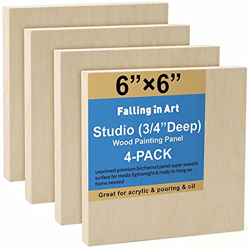 4 Pack 6x6’’ Unfinished Birch Wood Panels Kit for Painting | Studio 3/4’’ Deep Wooden Canvas, Cradle Boards for Acrylic Pouring, Art, Crafts, Epoxy Resin, Laser Engraving Cutting - size: 6'' x 6'' Studio