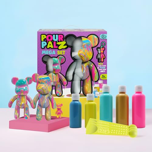 Pour Palz DIY Paint Pouring Kit, Create Custom Art with XL & Standard & Keychain Figure, 5 Acrylic Pour Paints -Fun Creative Hobby for Kids & Adults, Unique Collectible Craft Set, Mega Pack, Ages 5+ - color: Mega Pack
