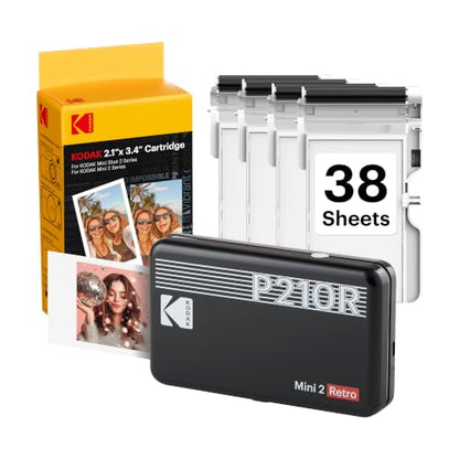 KODAK Mini 2 Retro 2x3 Portable Photo Printer, 4PASS, 38 Sheets, Black | Bluetooth, iPhone & Android Smartphone Compatible, Smudge-Proof, Water-Resistant, Fade-Resistant - color: Black, size: Printer + 38 Sheets