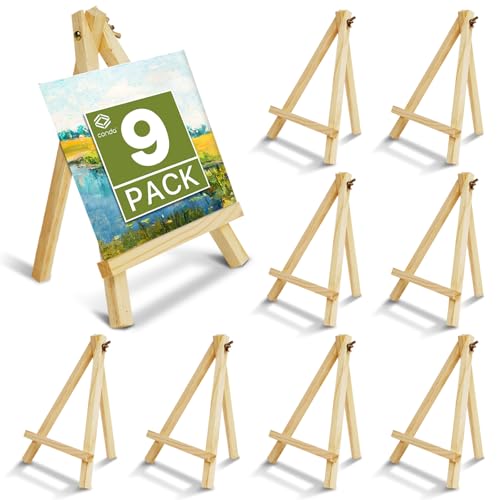 Conda 9 Pack 9 Inch Mini Wooden Display Easels, A-Shaped Mini Easel Stand for Small Painting, Painting Party Easel for DIY Crafts, Photos, Gift, Decoration - style: 9 Pcs