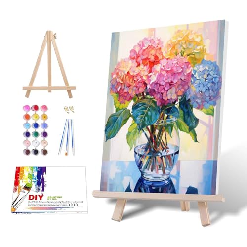 Ausanrl Flowers Framed Paint by Numbers Wooden Easel-Adult Paint by Number Kits on Canvas Framed,Paint by Number Adult,Hydrangea Paint by Numbers with Frame,Gifts and Home Wall Decor 12x16inch - color: Hydrangea