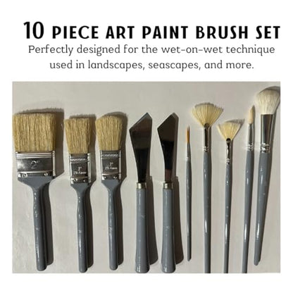 10 Piece Landscape Brush Set, for Wet on Wet Painting: 2 Inch, 1 Inch, 1 Inch Oval, 4 & 6 Fan, Filbert, 2 Palette Knives, Liner, Mop Blender - Adam Lashley