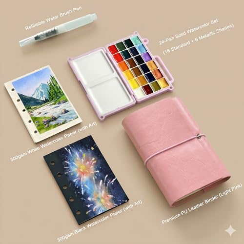 DarkWish Mini Travel Watercolor Set with Sketchbook, 24 Colors, Pink - color: Pink