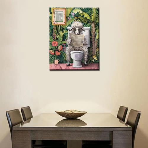 Sheep on Toilet Paint by Numbers for Adults Bathroom Animal DIY Digital Oil Painting Acrylic Paint Lamb Painting Kits Canvas Wall Art Green Leaves Bathroom Jungle Room Decor16x20Inch Frameless - color: Paint by number-Closestool 16, size: 16''x20''(Framel