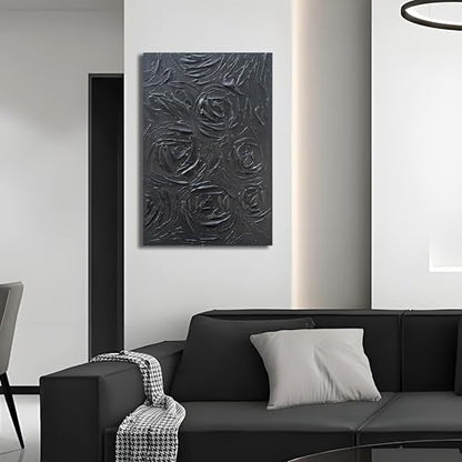 NANKAI Art Hand-Painted Black Rose Texture Abstract Art Oil Painting, Modern Style Abstract Wall Decoration, Three-Dimensional Simple Black Flower Texture Relief, Vertical Painting 36x24 inches - color: Nkhb376