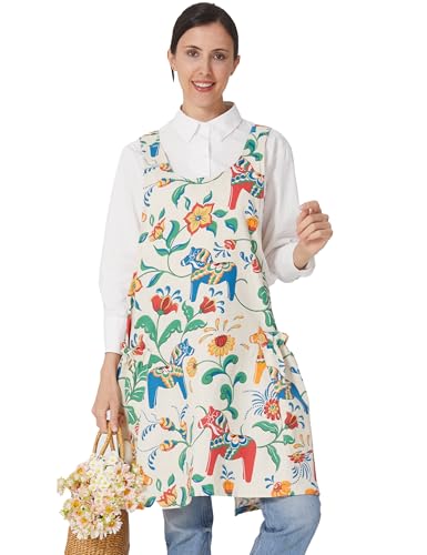 Cozy Adjustable Cross Back Aprons for Women with Pockets Cotton Linen Cooking Kitchen Baking - color: Trojan Horse