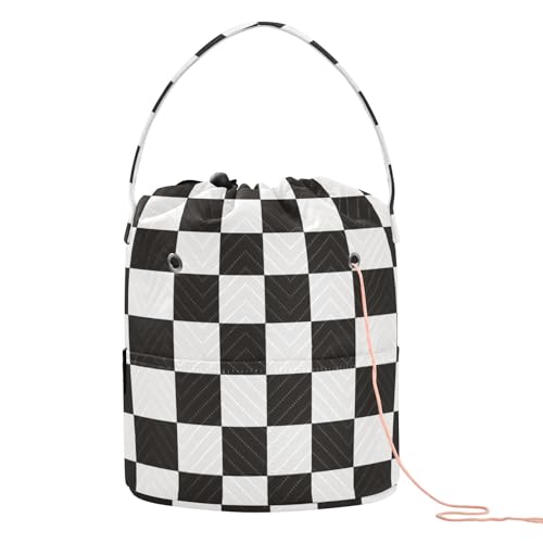 Checkered Black Yarn Bag Small Crochet Bag Drawstring Yarn Storage Organizer Knitting Project Bags Potable Yarn Holder with Holes Handle Crocheting Needles Knitting Accessories - color: Checkered Black
