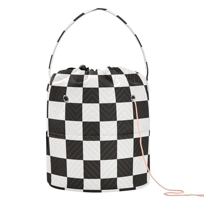 Checkered Black Yarn Bag Small Crochet Bag Drawstring Yarn Storage Organizer Knitting Project Bags Potable Yarn Holder with Holes Handle Crocheting Needles Knitting Accessories - color: Checkered Black