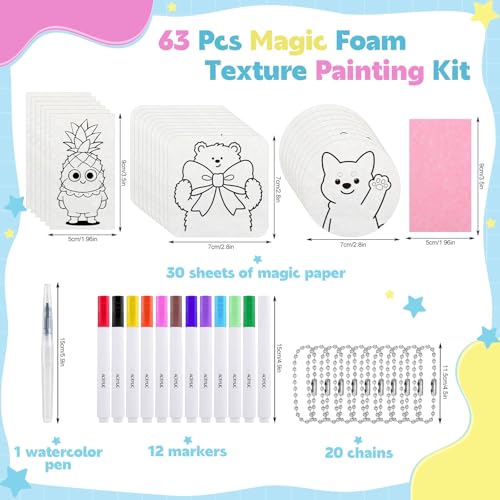 Prudiut Foam Te×ture Painting Kit, 63 Pieces, 3D Puffy Art Craft Set | 30 Foam Sheets, 12 Markers, Water Pen, 20 Chains; Water-Activated 3D Effect; Diy Crafts, Gifts, Classroom Use