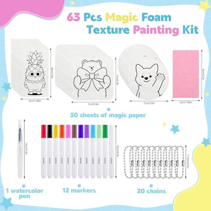 Prudiut Foam Te×ture Painting Kit, 63 Pieces, 3D Puffy Art Craft Set | 30 Foam Sheets, 12 Markers, Water Pen, 20 Chains; Water-Activated 3D Effect; Diy Crafts, Gifts, Classroom Use