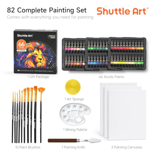 82 Pack Acrylic Paint Set, Shuttle Art 66 Colors Acrylic Paint with 10 Brushes, 22ml/0.74oz Tubes, Vibrant Colors, Artist Painting Supplies for Kids, Adults Painting & Crafting on Canvas, Wood Ceramic