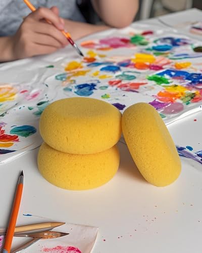 WAFJAMF 4 Pcs 3 Inch Round Painting Sponge Artist Pottery Clay Art Crafts | Synthetic reusable elasticity soft yellow sponges for acrylic watercolor face, ceramics sculpting, leather care & shoes - size: 4 Pcs