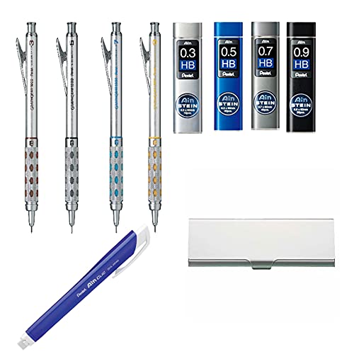 Four Graphgear 1000 Mechanical Pencil Set- 0. 3mm, 0. 5mm, 0. 7mm & 0. 9mm / Four Rerill Leads/Pen-type Triangle Eraser/Pencase, Silver