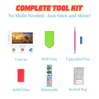 DDGEMART 5D Diamond Painting Kit for Adults, Full Drill African Safari Animals Lion Elephant Wildlife Art for Beginners, Large Horizontal 28x16 inch - color: Animals