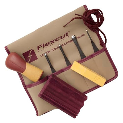 FLEXCUT SK130 5-Piece Lino & Relief Printmaking Set, Carbon Steel Blades (SK306, SK309, SK803, SK307), Quick Connect ABS Handle, Tool Roll, Strop & Honing Compound – 12 oz, Made in USA