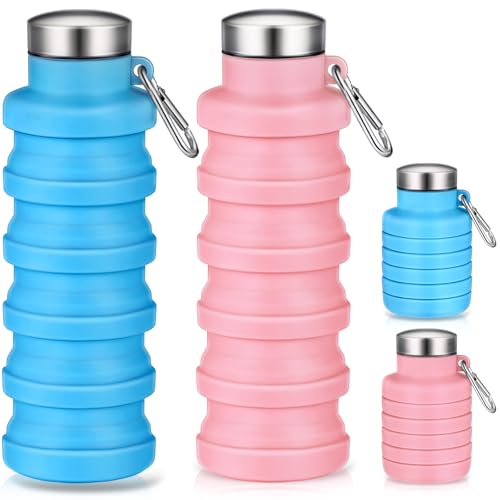 Baderke 2 Pcs Collapsible Water Bottles 17oz Silicone Travel Foldable Portable Water Bottle with Buckle Silicone Lightweight Reusable Leakproof for Camping Hiking Cycling Sport(Pink, Blue) - color: Pink, Blue