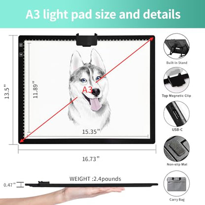 A3 Light Board for Diamond Painting - Rechargeable Tracing Light Box with Carry Bag, 3 Colours Stepless Dimmable 6 Levels Brightness Light Pad, Battery Powered Portable Light Pad for Tracing - style: A3 Rechargeable(Black) with Bag