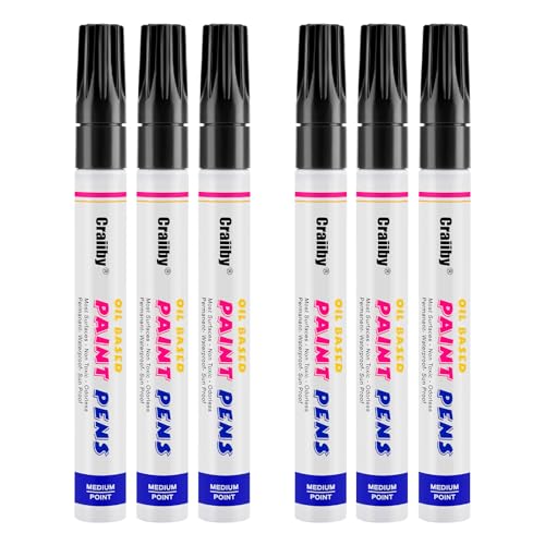 Black Paint Markers, 6 Pack Oil-Based Waterproof Quick Dry Permanent Paint Pen Set for Rocks Painting, Wood, Fabric, Plastic, Canvas, Glass, Mugs, Metal, Tire, Stone, DIY Craft - color: Black
