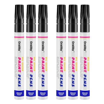 Black Paint Markers, 6 Pack Oil-Based Waterproof Quick Dry Permanent Paint Pen Set for Rocks Painting, Wood, Fabric, Plastic, Canvas, Glass, Mugs, Metal, Tire, Stone, DIY Craft - color: Black