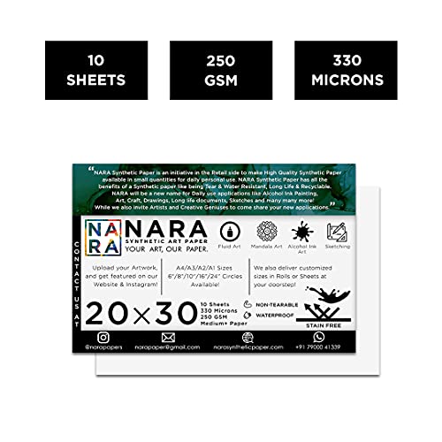 NARA Alcohol Ink Paper | White | 20 inches x 30 inches (20”x30”) | 330 microns/250 GSM | Medium+ Paper | 10 Sheets | Paper for Alcohol Ink Art Painting | 100% Stain-Free - color: White_Rectangle_Paper Sheets_10
