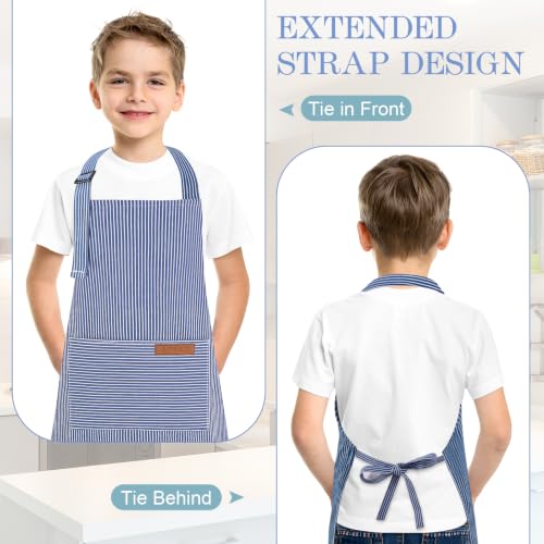 3 Pack Stripes Kids Apron, Adjustable Kids Cooking Aprons with 2 Pockets, Cute Chef Baking Aprons for Boys and Girls - color: Light Blue + Dark Blue + Rose Red, size: 45x50cm